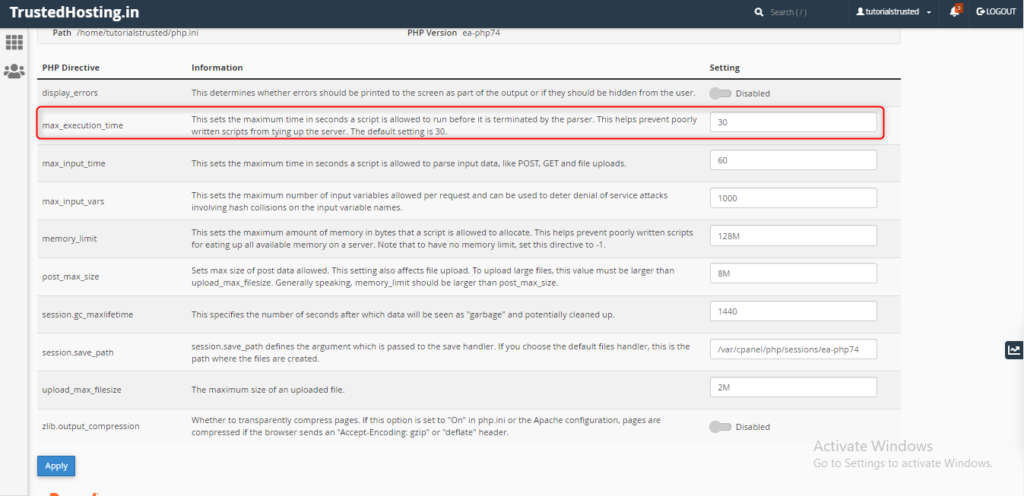 How to increase max_execution_time in Cpanel