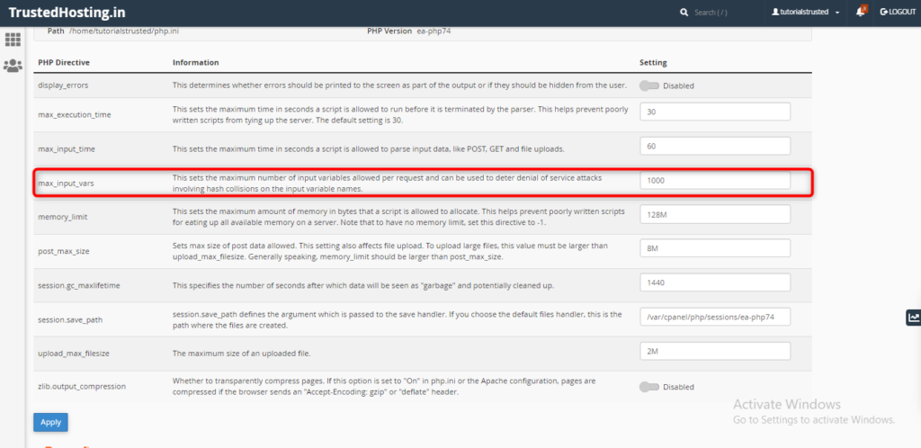 How to increase max input vars in cpanel