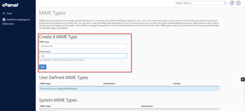 MIME Types – cPanel