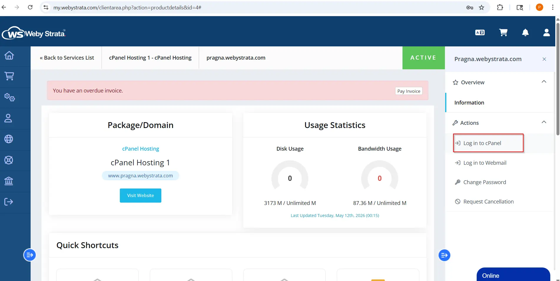How to Update WordPress Memory Limit from cPanel how-to-update-wordpress-memory-limit-from-cpanel
First, visit the WebyStrata website and log in to your client area account using your registered email address and password.
official Website www.webystrata.com
After logging in:
Go to Services
Click on My Services
select-your-active-hosting-service-click-on-login-to -panel
